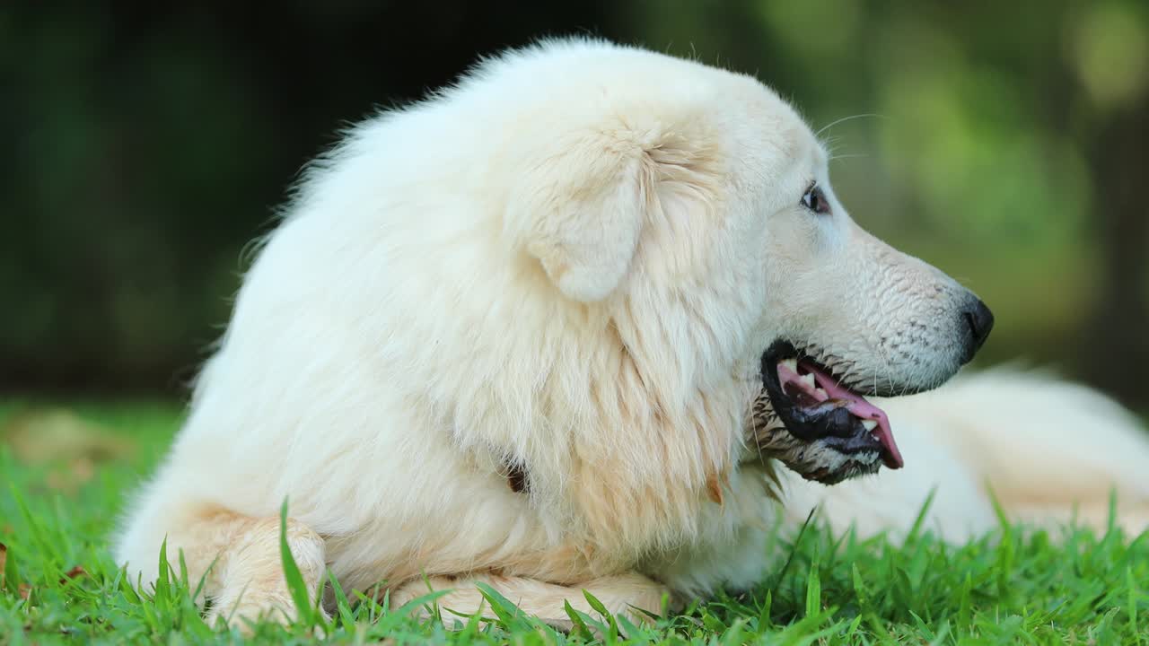잔디 위에 앉아있는 순수한 품종 대 개의 초상화 4k 해상도