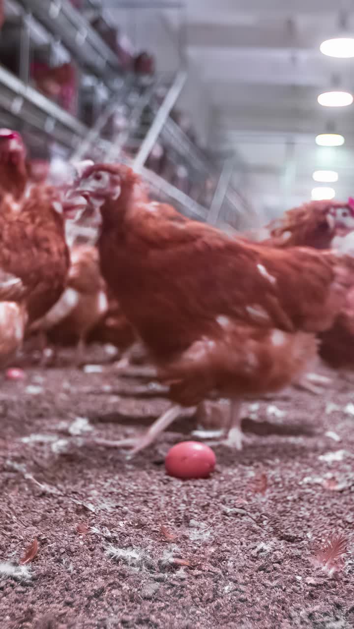A low-angle timelapse shows a flock of free-range brown hens walking and pecking inside a barn at a poultry farm, with a single fresh egg lying on the ground