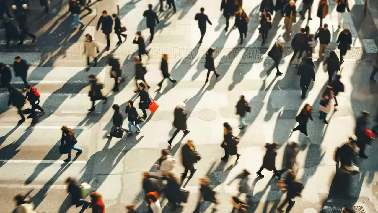 Video ad angolo dall'alto di un attraversamento pedonale trafficato con persone in movimento che proiettano lunghe ombre