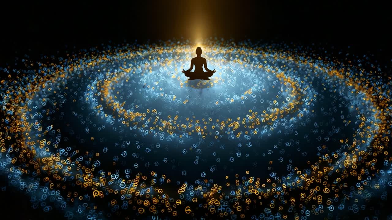 A Serene Meditation Experience Surrounded by Spiraling Light and Symbols, Representing Inner Peace and Harmony in a Vibrant Cosmic Environment