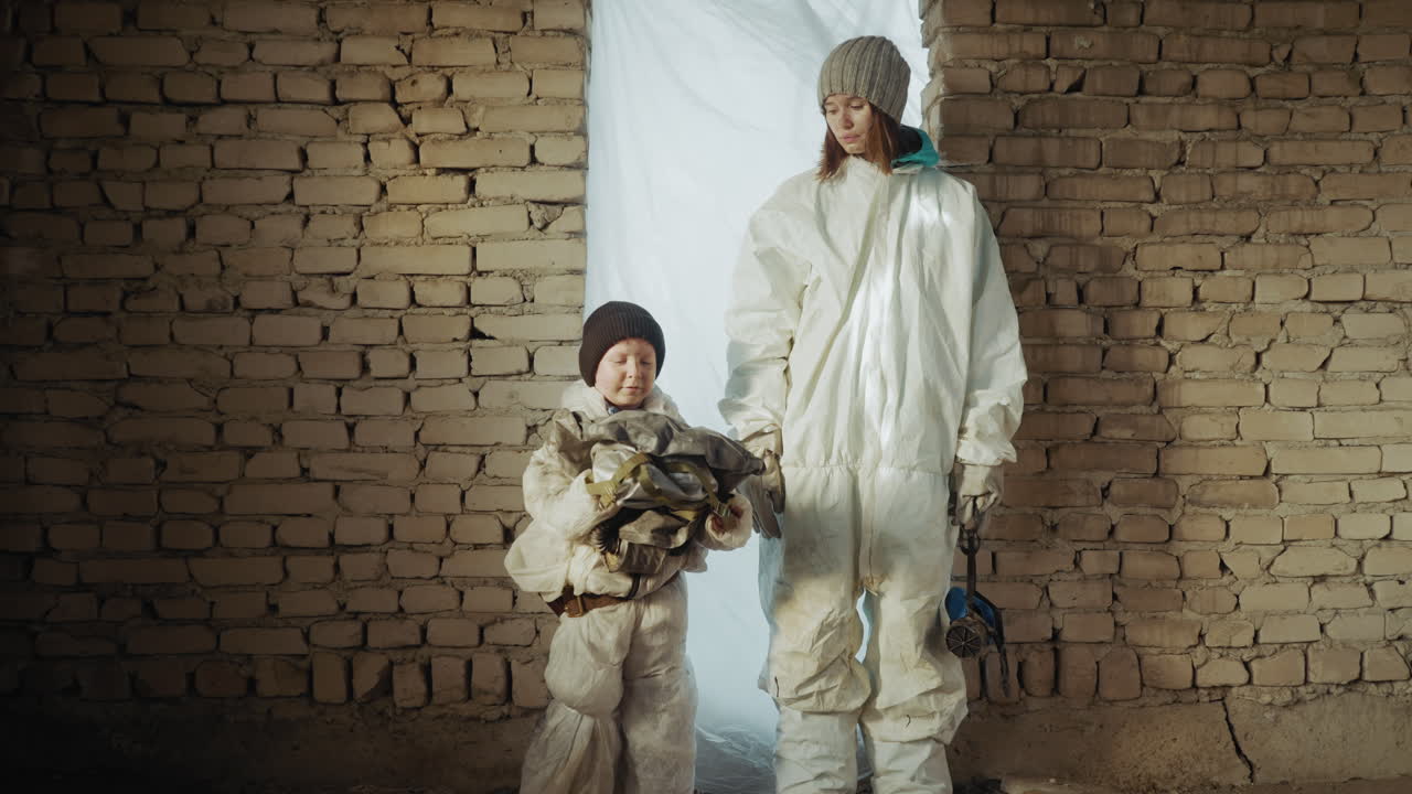 Little boy dressed in protective hazmat suit removes helmet while standing beside escapee in white coverall and grey cap inside damaged brick shelter as she look him remove the mask