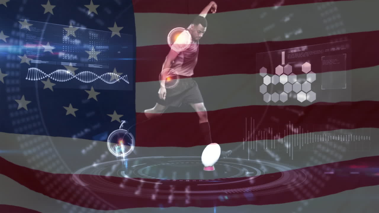 인터페이스와 미국  ⁇ 발로 공을  ⁇ 고 있는 축구 선수