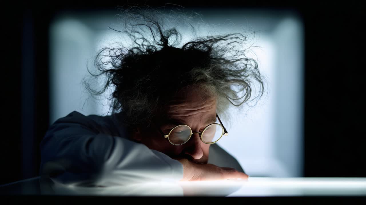 A contemplative scientist with wild hair rests their head on a surface, portraying deep thought and creativity in an atmospheric, dramatic setting
