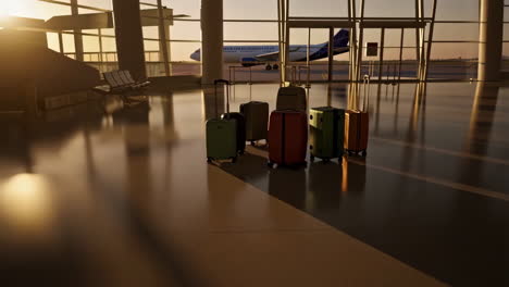 luggage lined up in an empty airport terminal with an airplane on the tarmac at sunrise or sunset