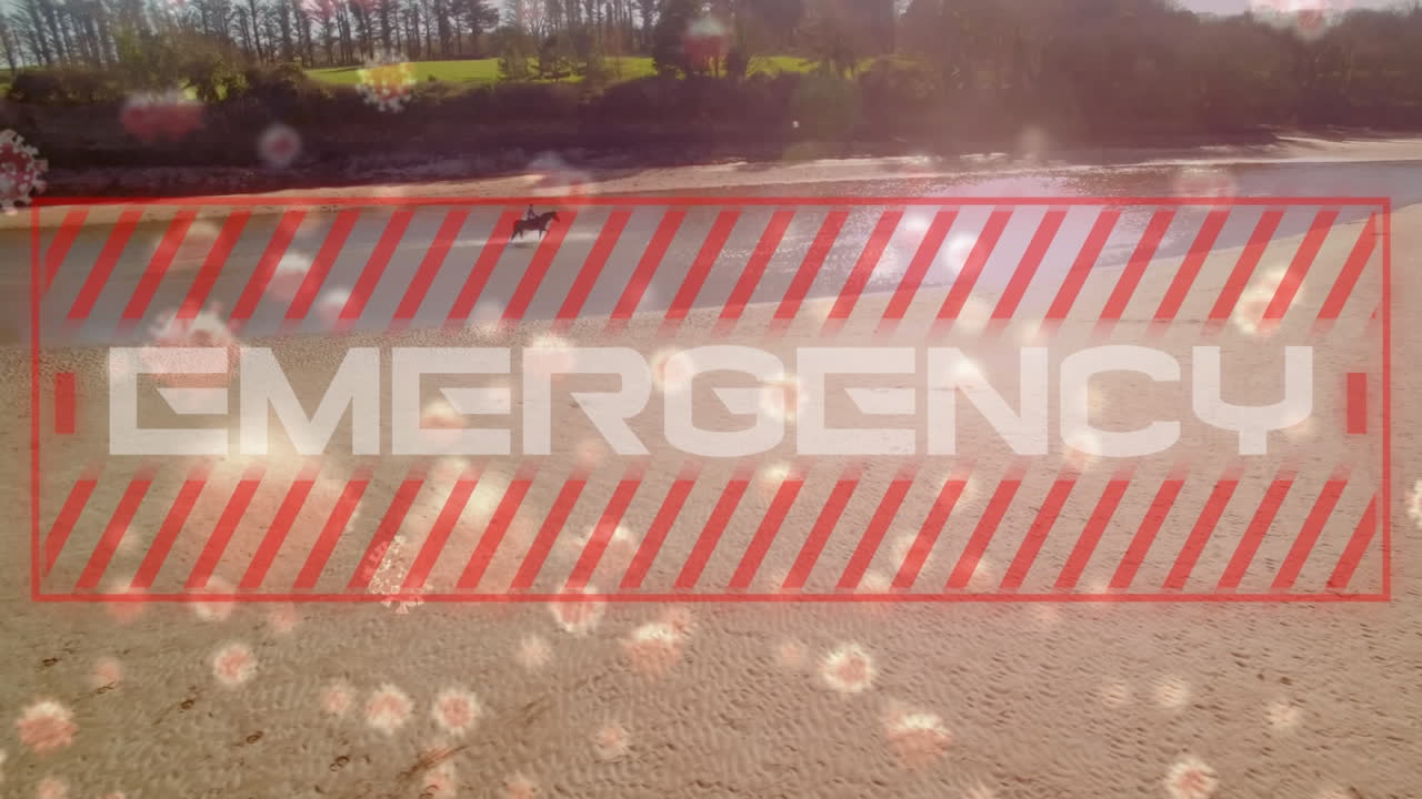 video compuesto digital de células de covid-19 moviéndose y texto de emergencia contra un hombre montando un caballo