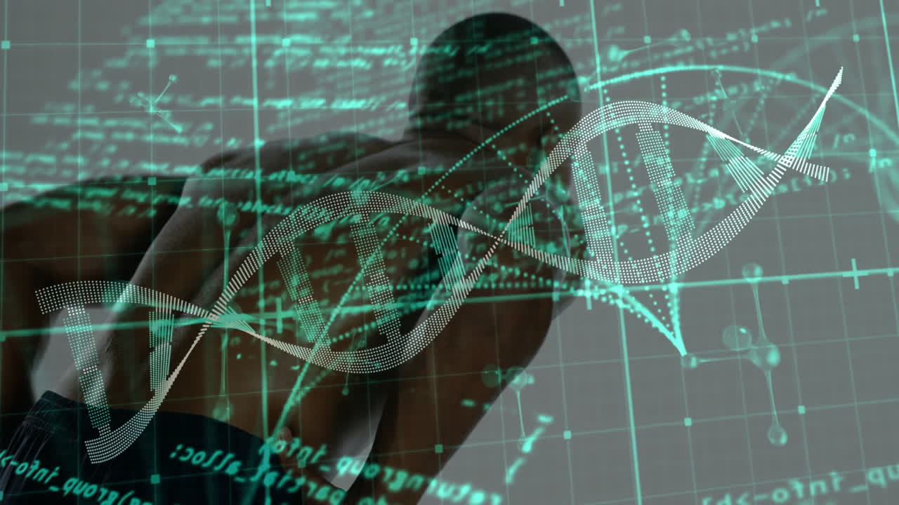 male athlete leaning forward in health tech studio, with DNA helix grid, code fragments