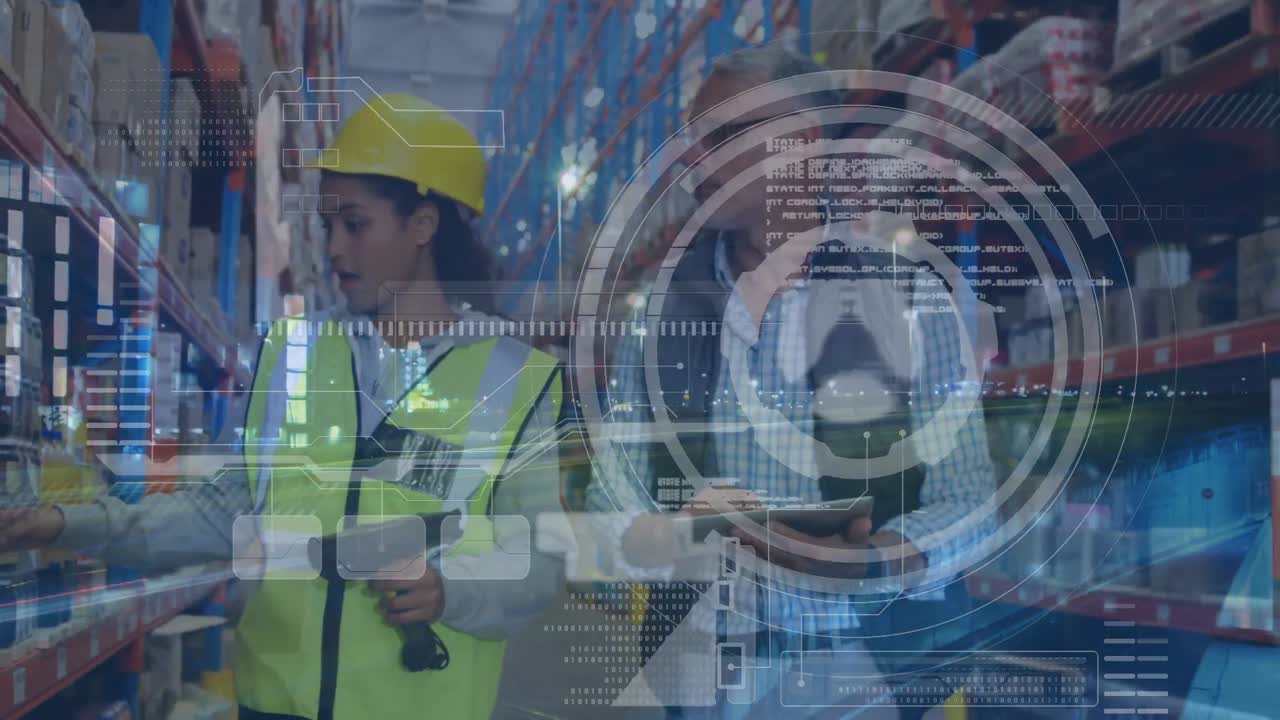 animación del procesamiento de datos financieros sobre las personas que trabajan en el almacén