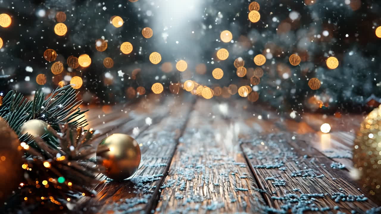 A wooden floor with a bunch of gold balls and pine cones on it. Scene is festive and joyful