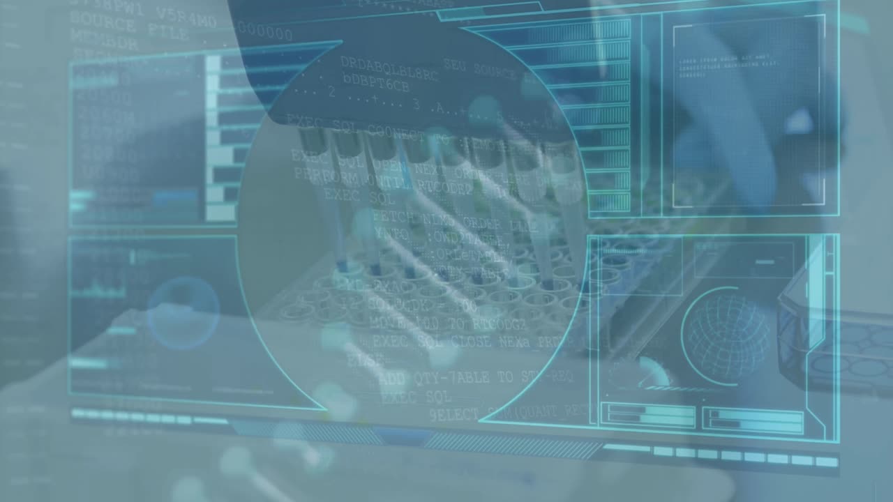 회전하는 dna 가닥의 애니메이션과 디지털 인터페이스의 데이터 처리