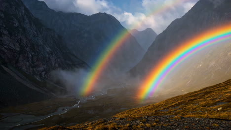 double rainbow over mountain valley