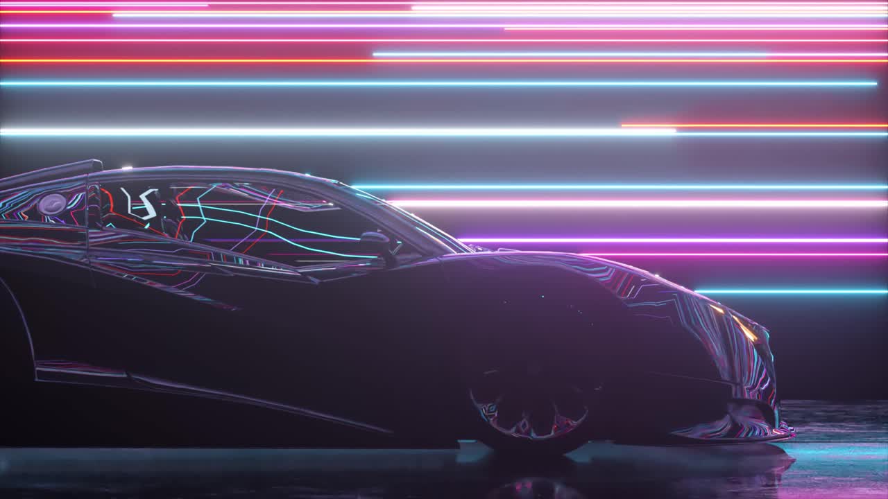 Auto sportiva futuristica in un ambiente illuminato al neon