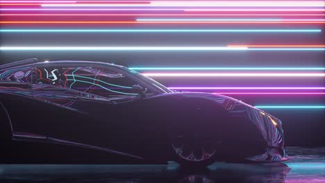 futuristic sports car in a neon lit environment