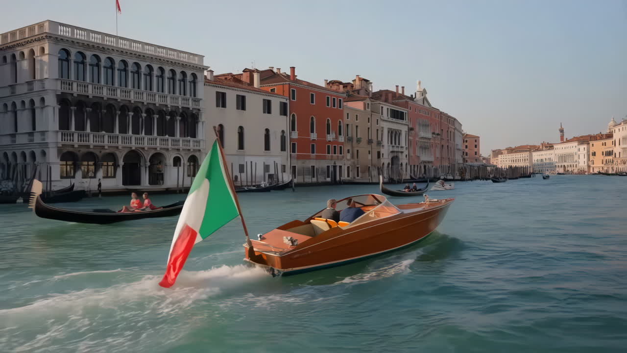 Motorboat with Italian Flag on Grand Canal in Venice