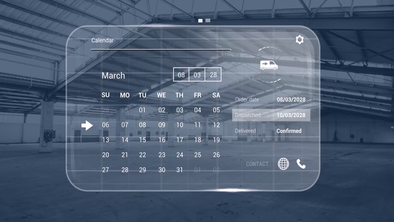 아이콘을 가진 디지털 인터페이스의 애니메이션과 빈 창고에서 데이터 처리