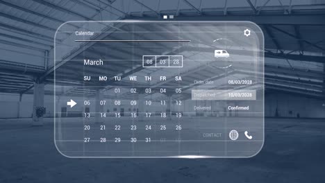 animación de la interfaz digital con iconos y procesamiento de datos en un almacén vacío