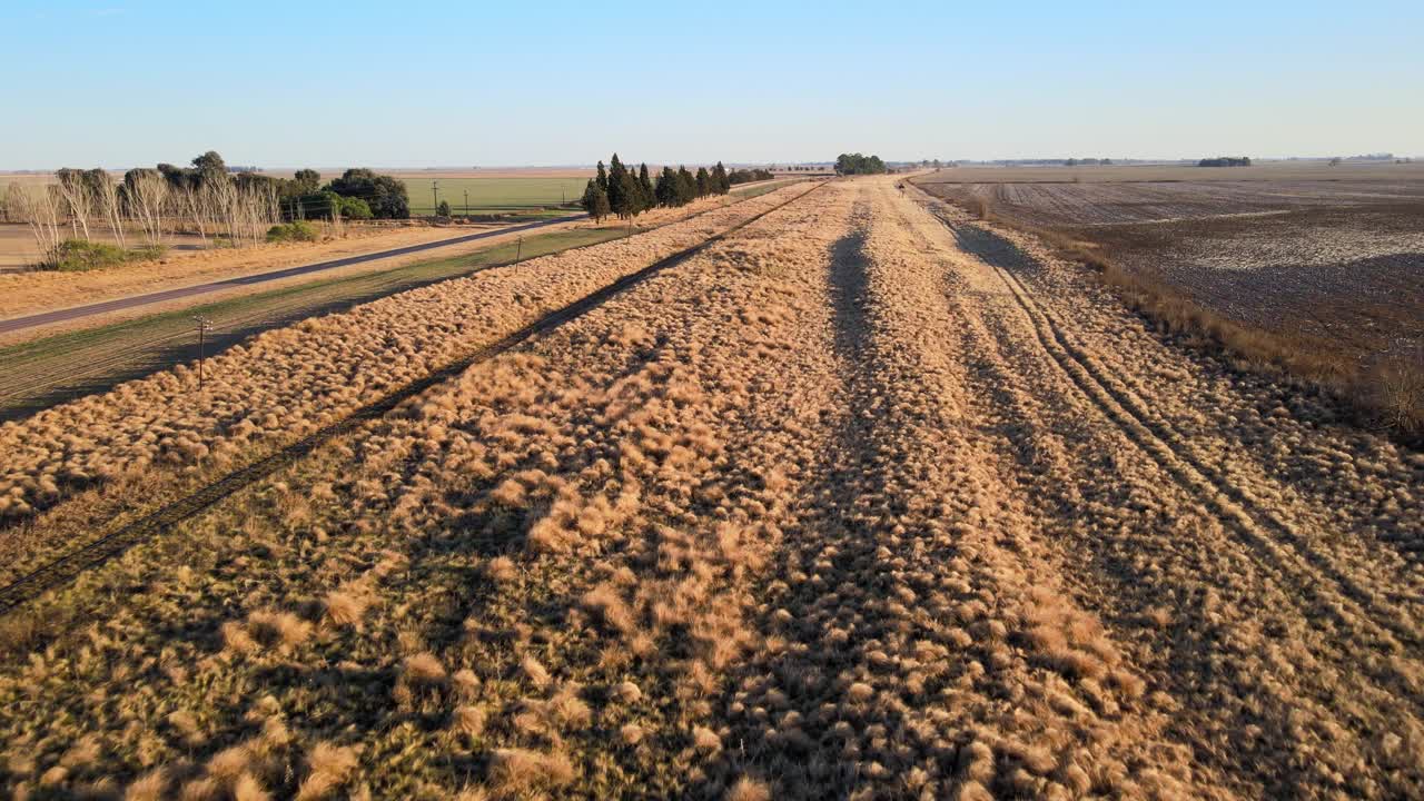 Railway Across The Expansive Plains Of La Pampa In Argentina. Aerial Drone Shot
