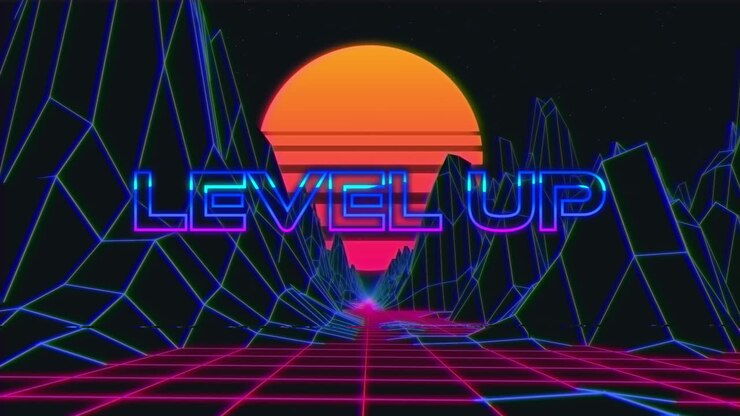 Animation vintage video game screen with words level up written