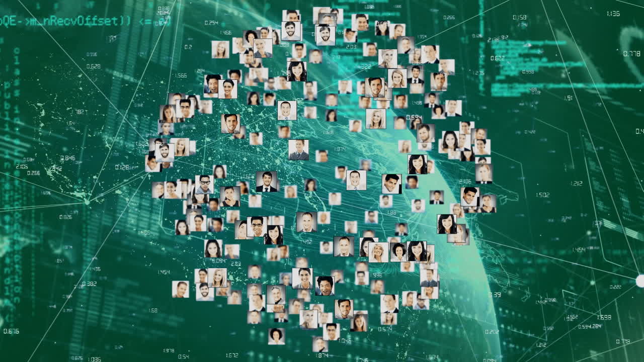 Animation of interface showing sphere network of connected people images and information on green