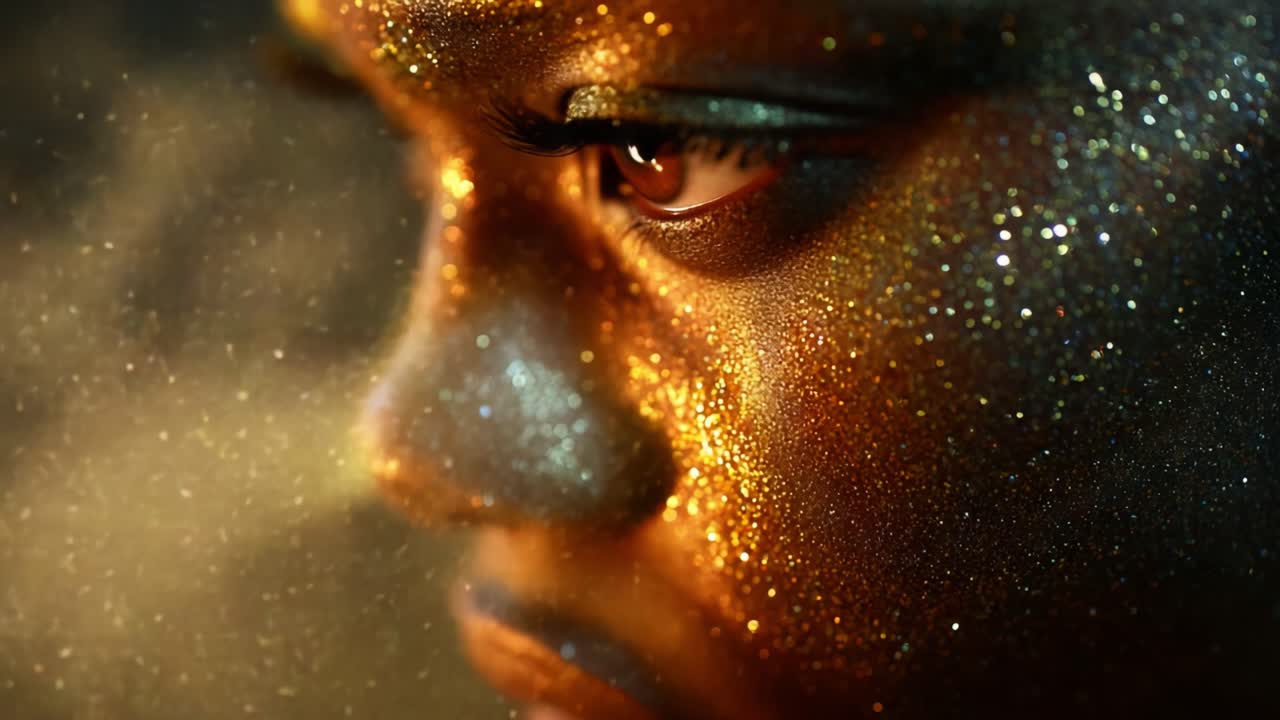 A captivating visual portrayal of a close-up subject illuminated with shimmering gold and silver glitter, revealing intricate textures and a mesmerizing depth that enchants the viewer with its ethereal beauty
