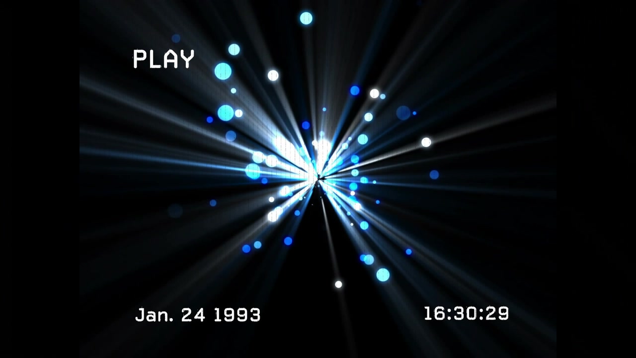Burst emitting 16:30:22, pulsing, rays, dots radiating, glitches, timecode updating, simulating VCR