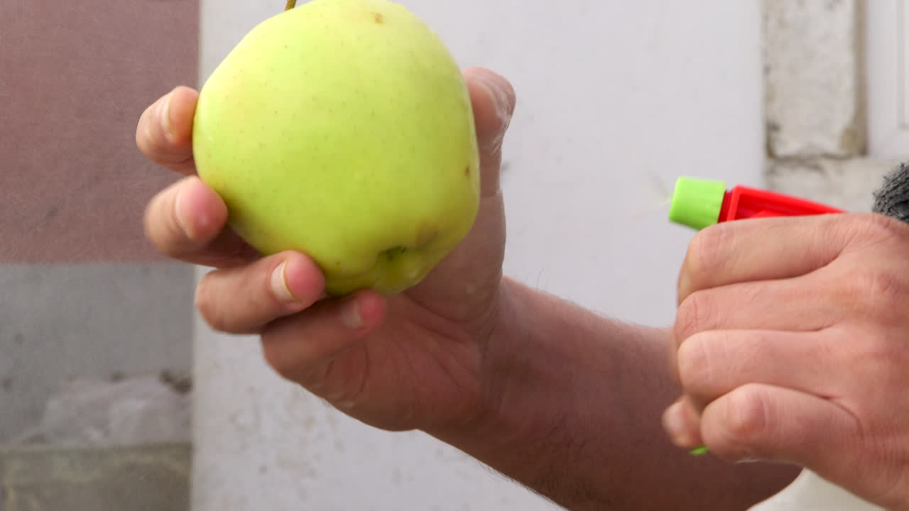 limpiando y desinfectando una manzana durante la pandemia de covid-19, toma detallada