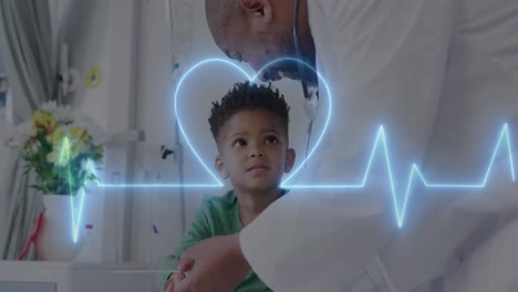 Animation-of-heart-monitor-over-african-american-male-doctor-with-boy-patient