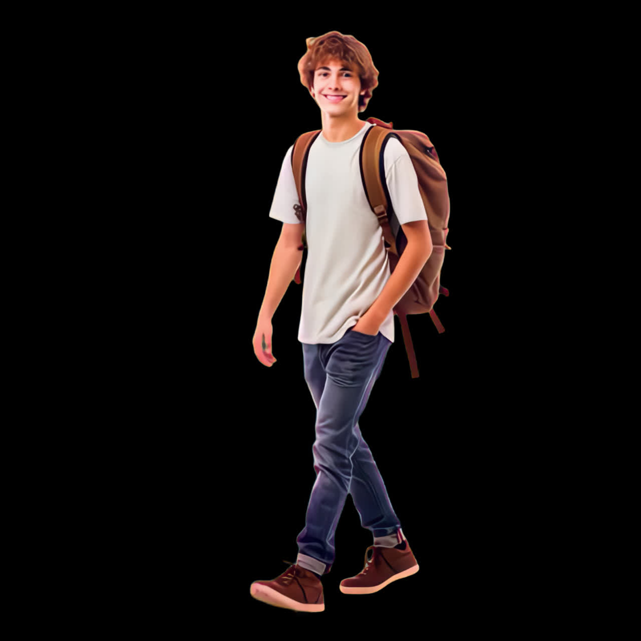 Casual student with backpack animation isolated asset, transparent 4K video, alpha channel, ProRes