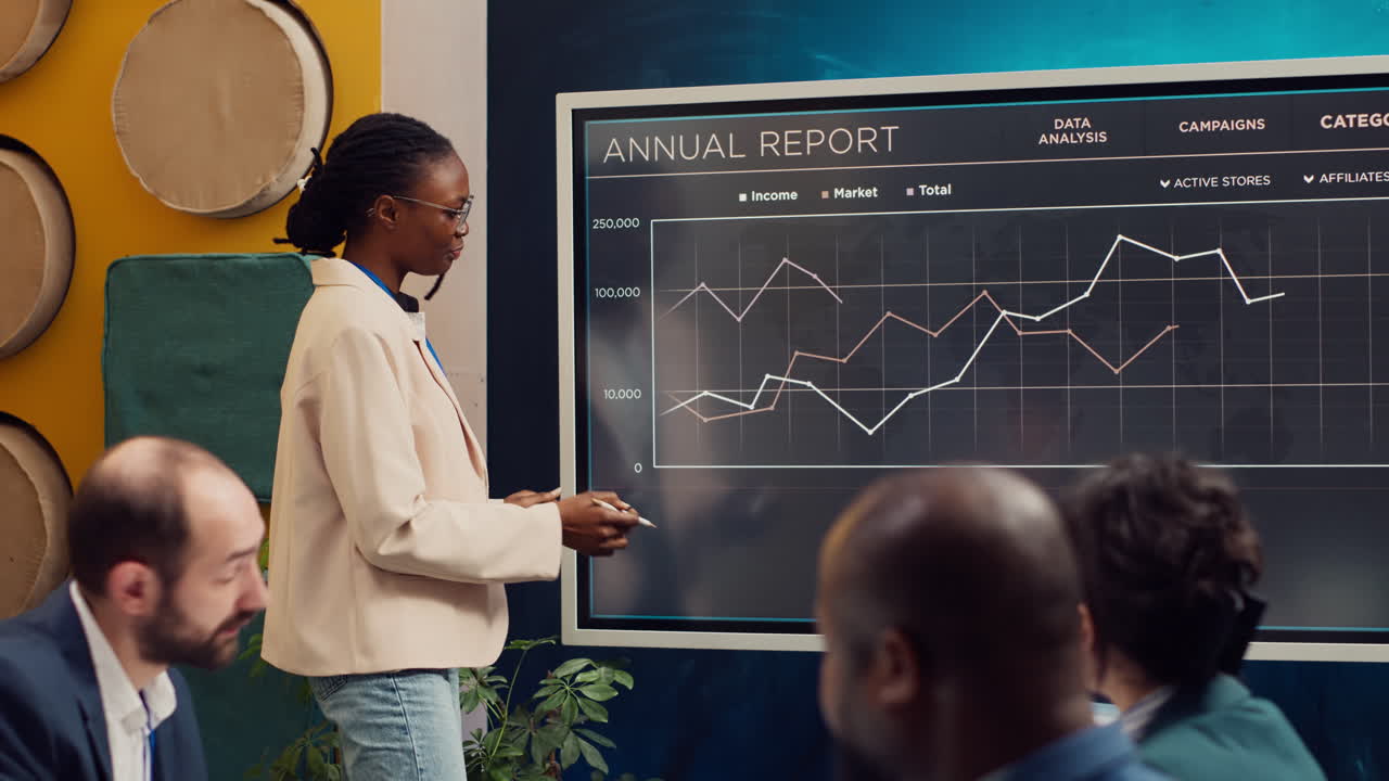 Marketing assistant presenting infographics in a status update meeting