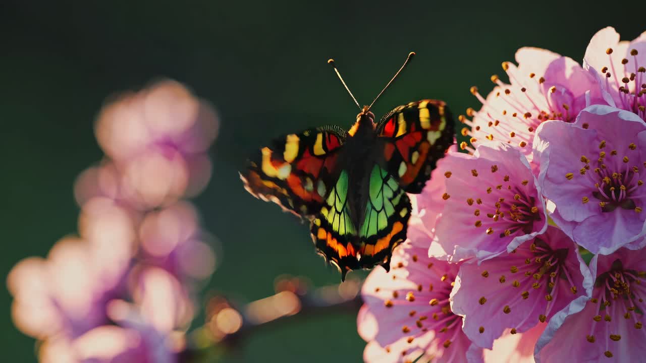A vibrant video capturing a butterfly on pink blossoms, showcasing nature's beauty with a close-up