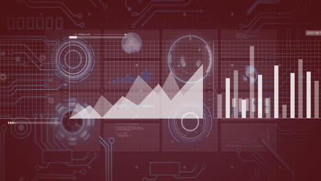 graphs and charts animation over red digital interface background