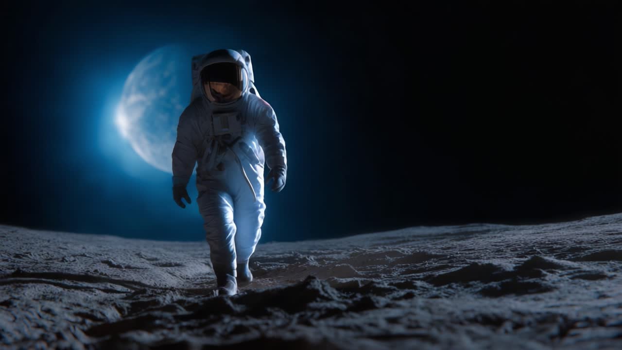 An Astronaut Walking on the Lunar Surface Under a Glowing Earth in the Background, Capturing the Essence of Space Exploration and Human Achievement