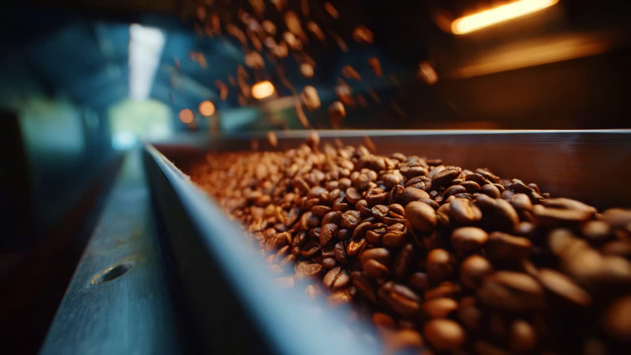 A Close-Up View of Roasted Coffee Beans Flowing on a Conveyor Belt in a Coffee Processing Facility, Capturing the Aroma and Rich Texture of Freshly Roasted Beans