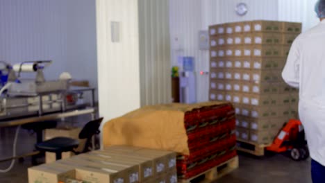 inspector checks the goods on the cart at the factory