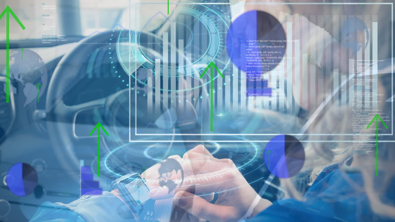 화살표의 애니메이션, 다양한 데이터, 그래프 및 스피도미터 자동차에서 백인 여성