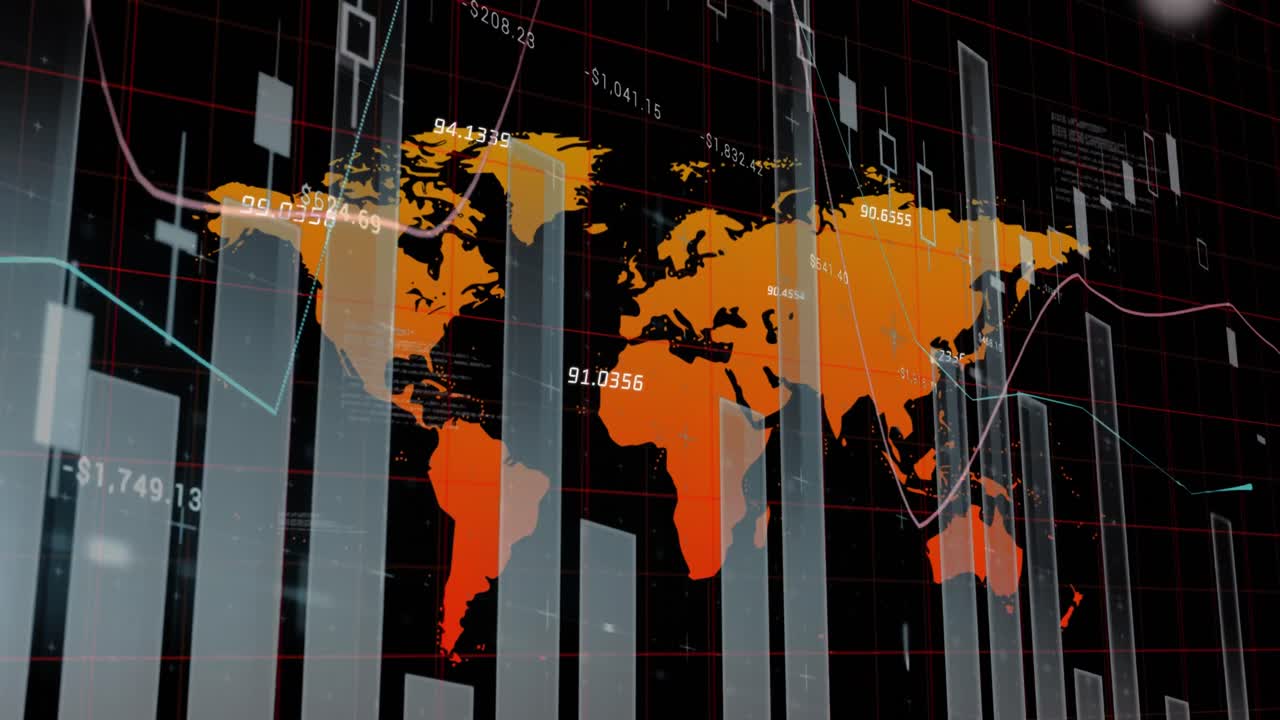 검은 바탕에 있는 세계 지도 위의 통계 데이터 처리의 애니메이션
