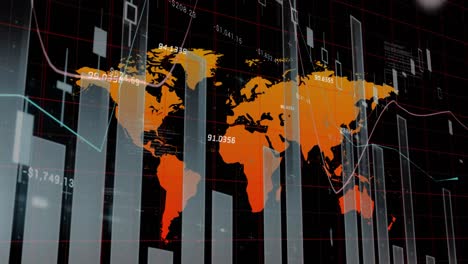 animation of statistical data processing over world map against black background