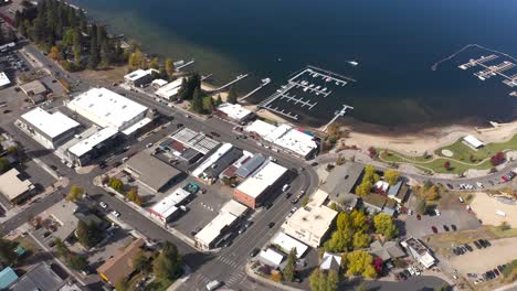 aerial over the downtown area of mccall, idaho