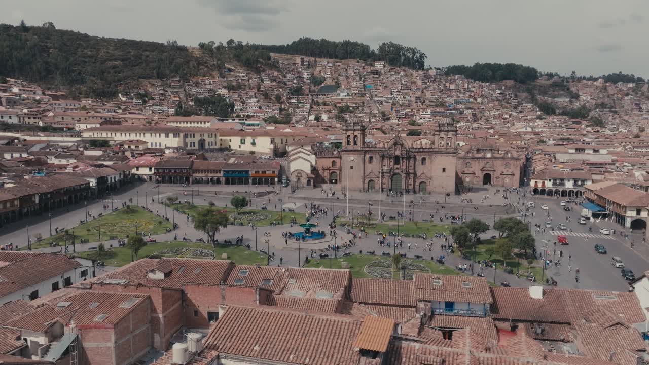 Aerial View Of The Plaza de Armas of Cusco In The Historical City Center Of Cusco, Peru.