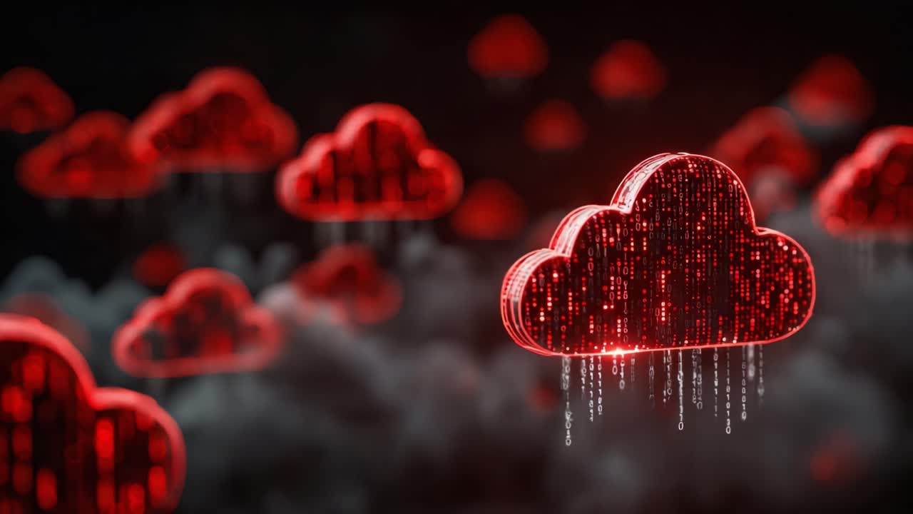 A Captivating View of Digital Red Clouds, Representing Data Flow and Storage in a High-Tech Environment with a Sinister Yet Intriguing Vibe
