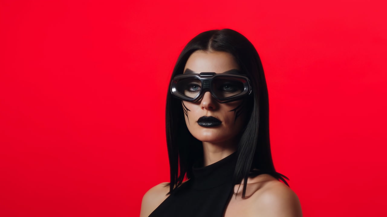 Female Model Portrait, Goggles On Red Background, Black Lipstick, Sleek Straight Hair, Studio Lighting,