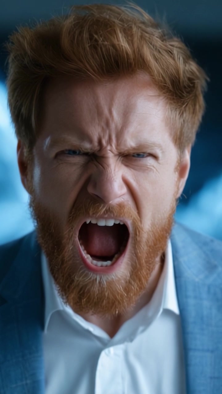 Intense Emotion: A Fiery Expression Capturing Anger and Frustration in a Close-Up Shot of a Bearded Man Yelling with Passion and Determination