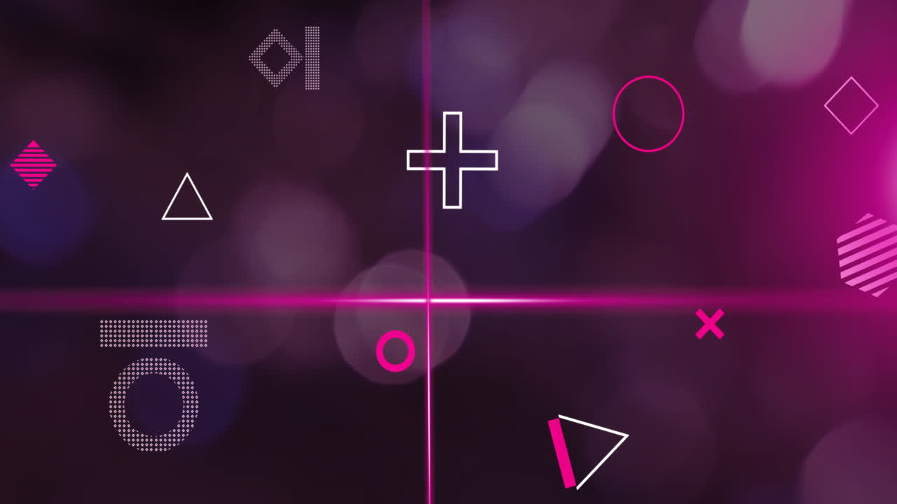 Animation of rotating shapes and pink scanner beams over bokeh white lights on dark background