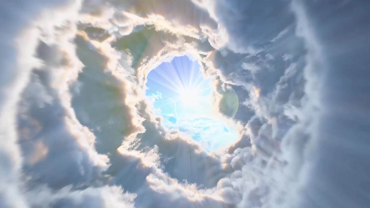 Flying Through a Heavenly Cloud Tunnel Towards Bright Sunlight