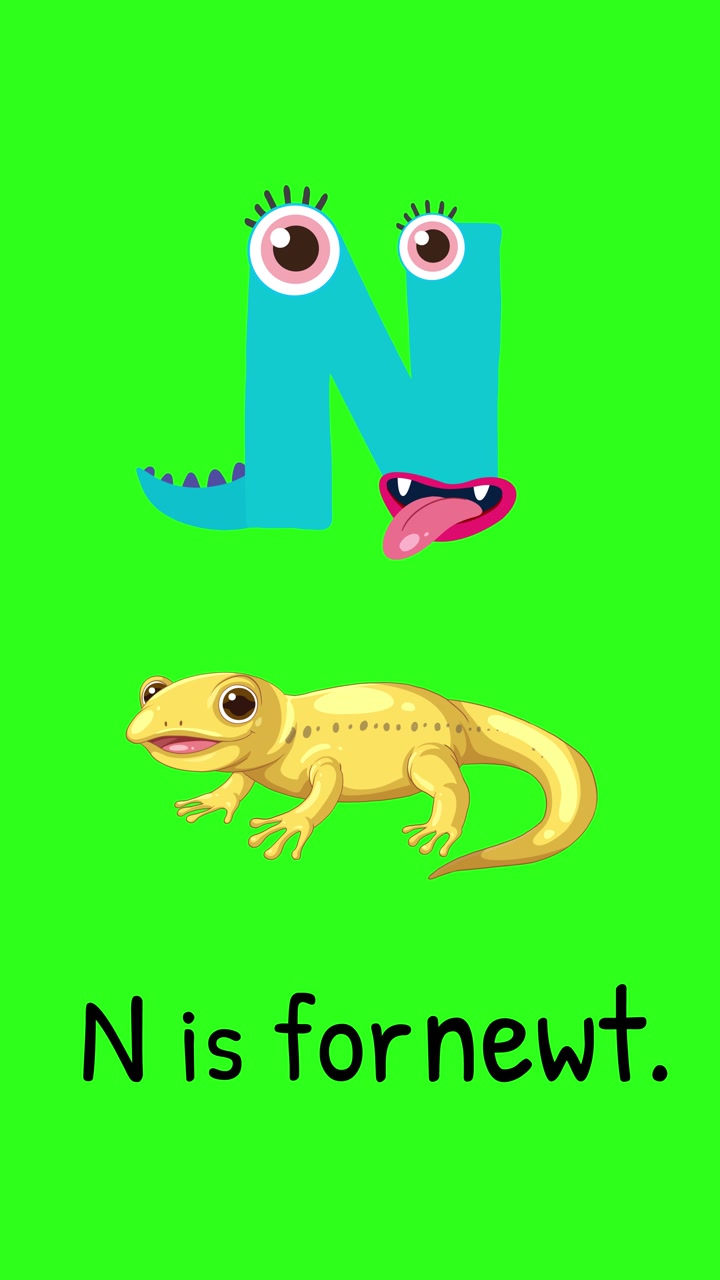 Legende animation af bogstavet 'N', der forvandles til en tegneserie-salamander på en lys grøn baggrund.