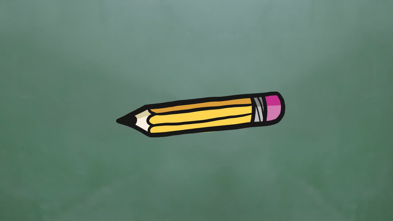 animación digital de múltiples iconos de lápiz flotando contra un fondo verde