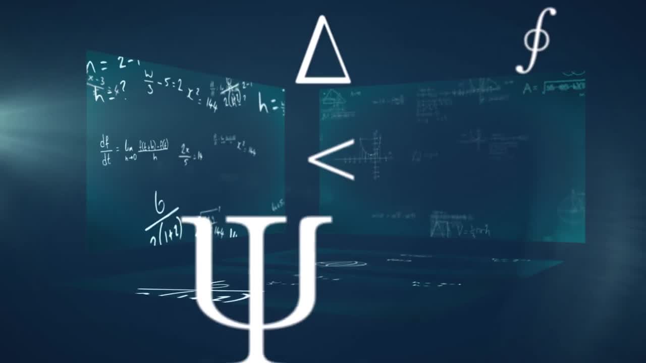 세 개의 보드 배경에 떠다니고 쓰여진 수학 수식의 애니메이션