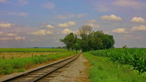 Una-Vista-De-Un-Tren-De-Pasajeros-De-Vapor-Que-Se-Acerca-A-Través-De-Los-árboles-Por-Campos-De-Maíz-En-Un-Día-De-Verano-Parcialmente-Nublado