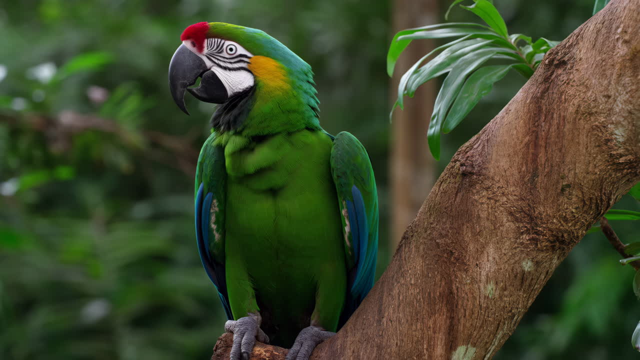 A vibrant green parrot perched on a tree branch in a lush natural environment