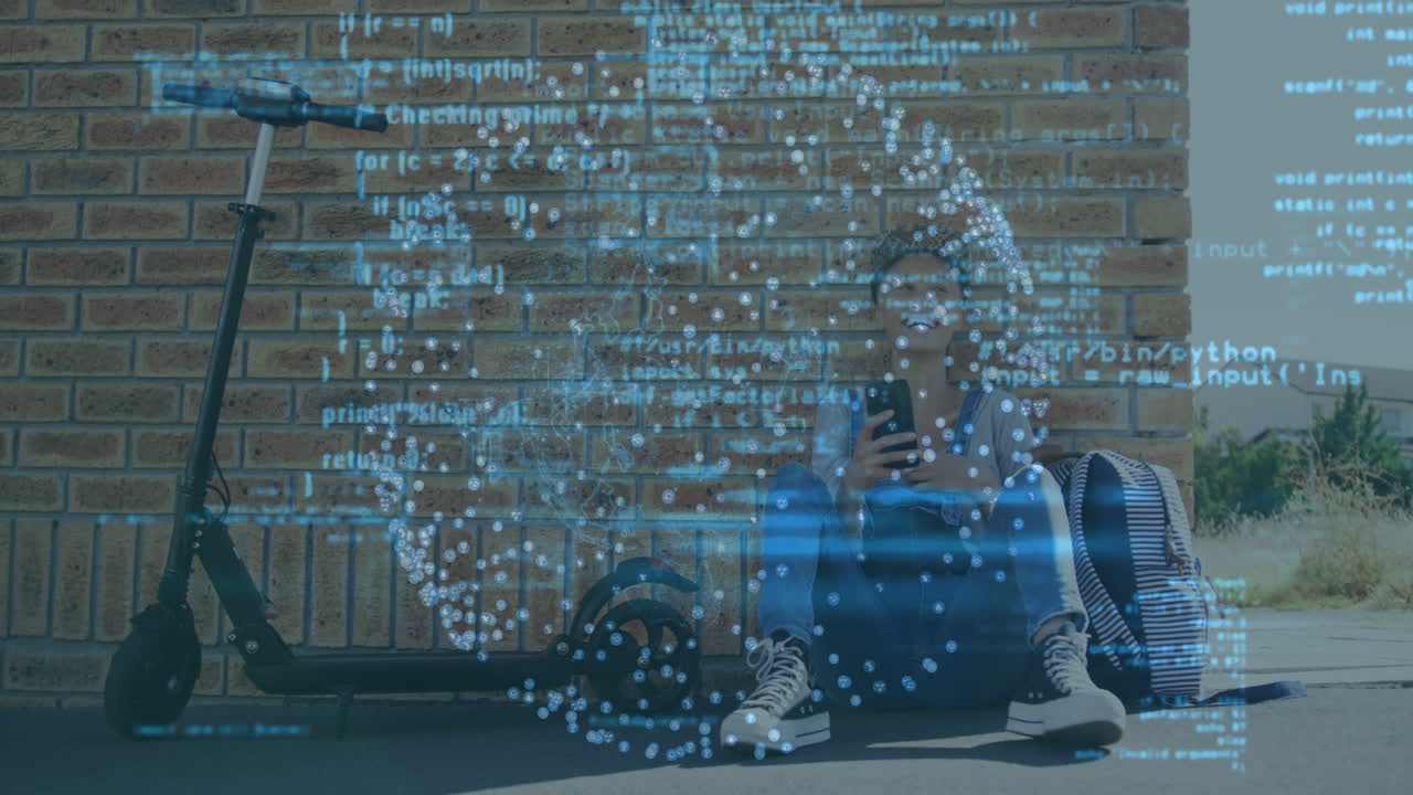 Person sitting against brick wall with digital data animation overlaying scene