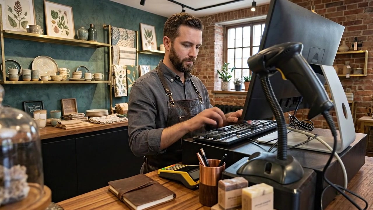 Professionista che lavora al computer in un ambiente d'ufficio di una piccola impresa